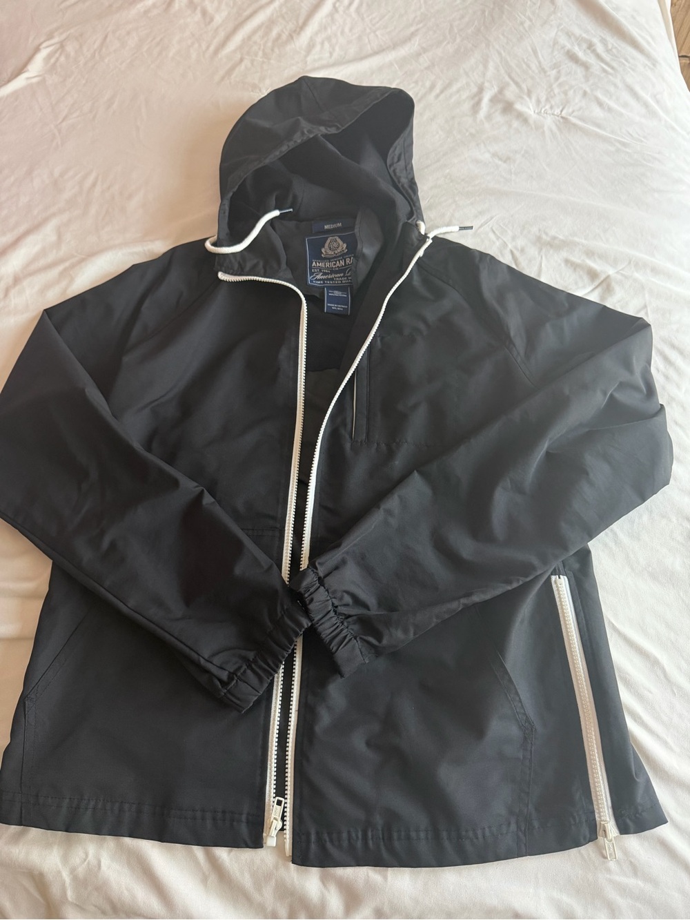 American Rag Black Hooded Windbreaker with White Zippers